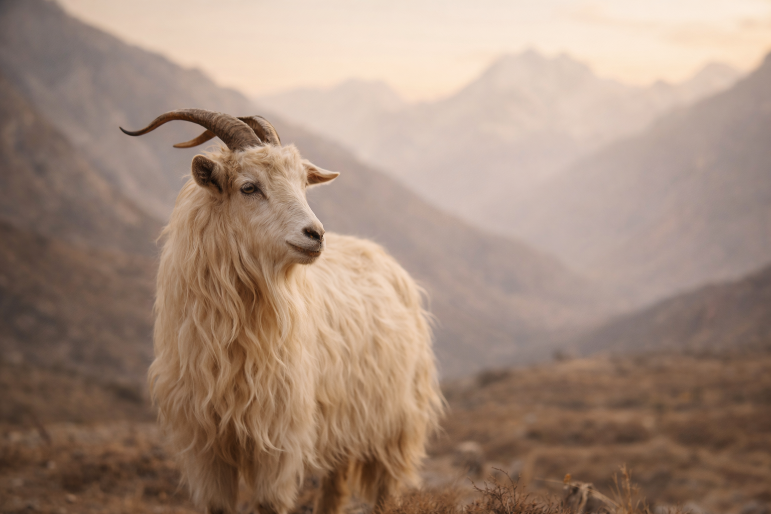 Himalayan Changthangi goat with long soft wool in the mountains,the source of authentic pashmina fiber