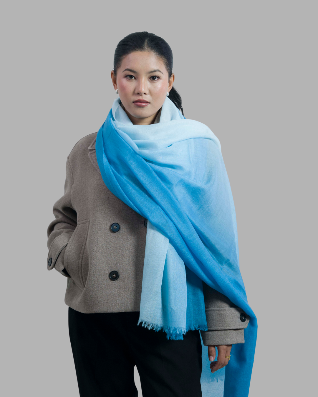 Light Blue& White Mix Ombre - Himalaya Pashmina